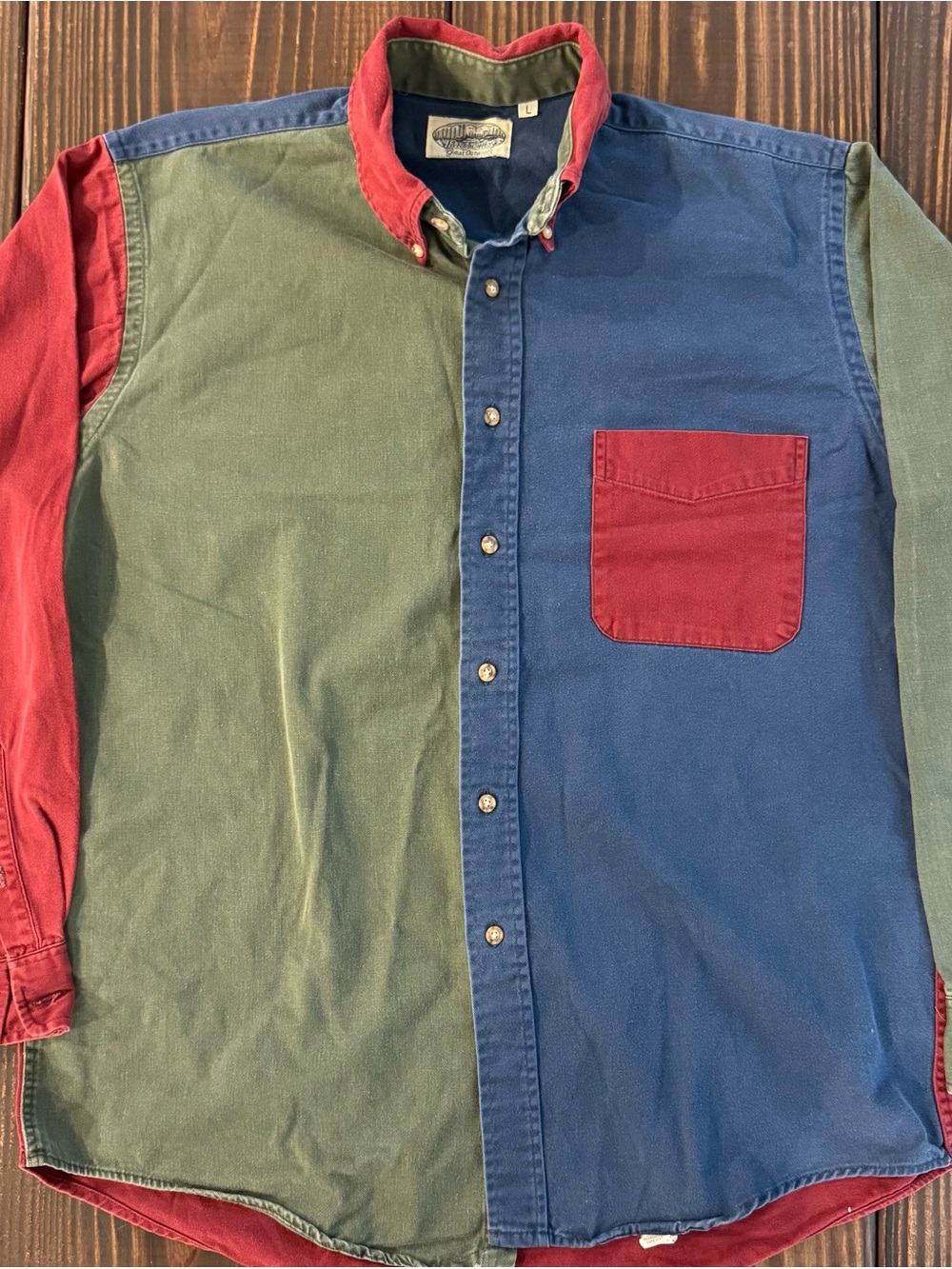 Vintage 90s Men's Colorblock Button-Front Shirt Jacket in Green/Blue/Red